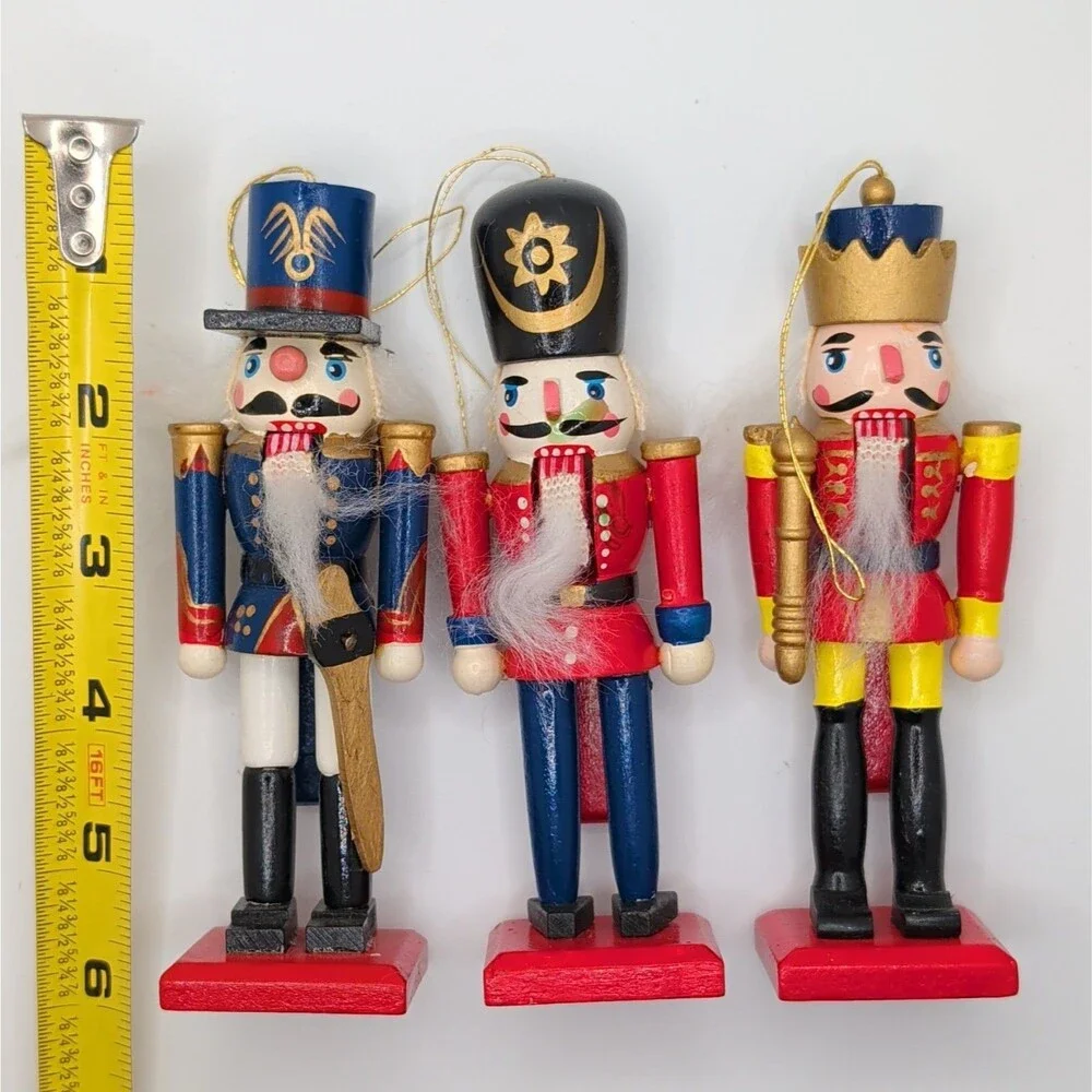 Vtg Wooden Nutcracker Christmas Ornaments Set of 3 Hand Painted Soldier Mini 5”